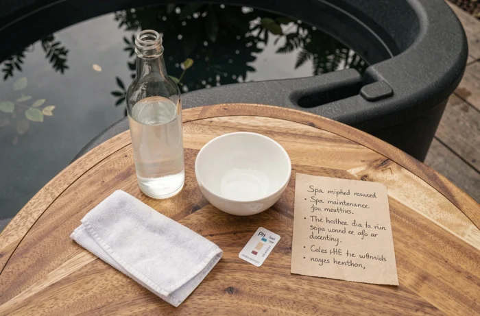 Mise à plat des accessoires d'entretien d'un spa avec une bouteille de vinaigre blanc, bandelettes de pH et chiffon microfibre sur bois de teck