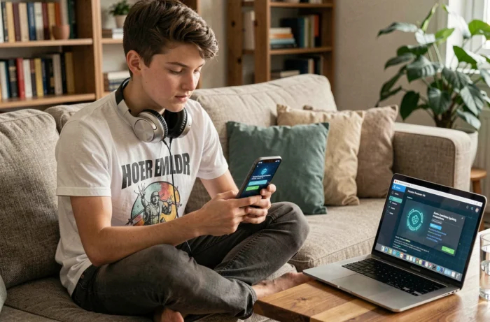 Adolescent utilisant l'authentification à deux facteurs sur smartphone pour sécuriser ses appareils numériques