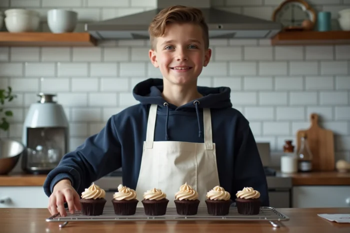 Adolescent décorant des cupcakes maison avec une poche à douille dans une cuisine moderne