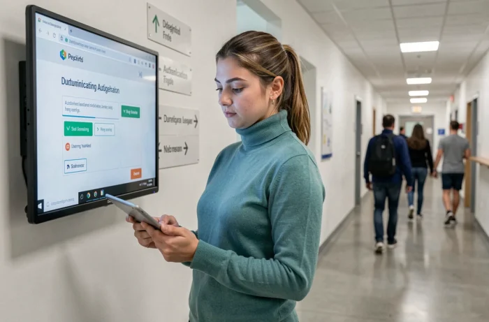Agente administrative de l'académie de Toulouse consultant le guide de connexion Convergence AC sur une tablette dans un couloir scolaire moderne