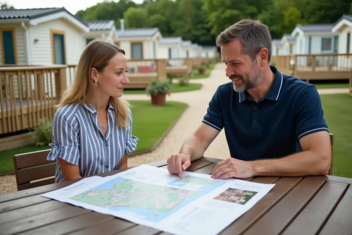 Agent immobilier et acquéreur examinant un contrat de cession de parcelle dans un parc résidentiel de loisirs en Vendée