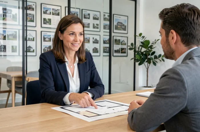 Agente immobilière présentant un plan de logement à un acheteur potentiel dans une agence moderne