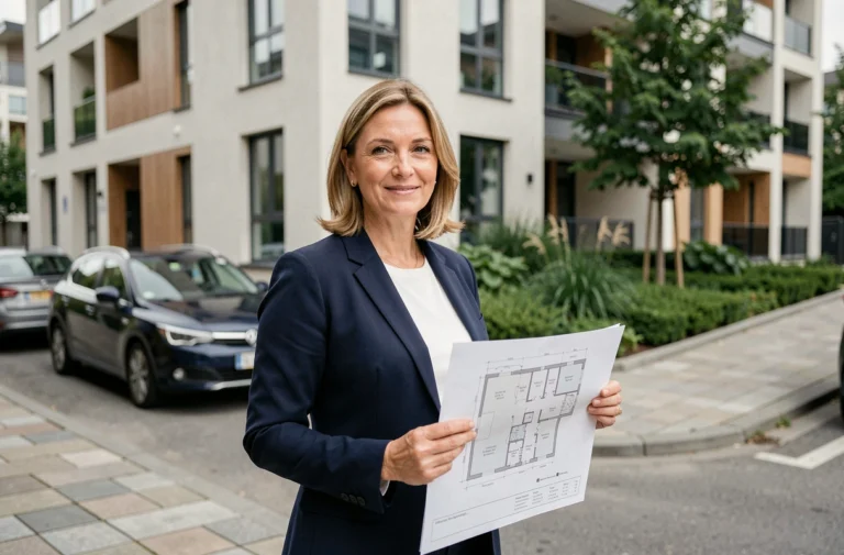 Agent immobilière tenant un plan architectural devant un immeuble résidentiel moderne en milieu urbain