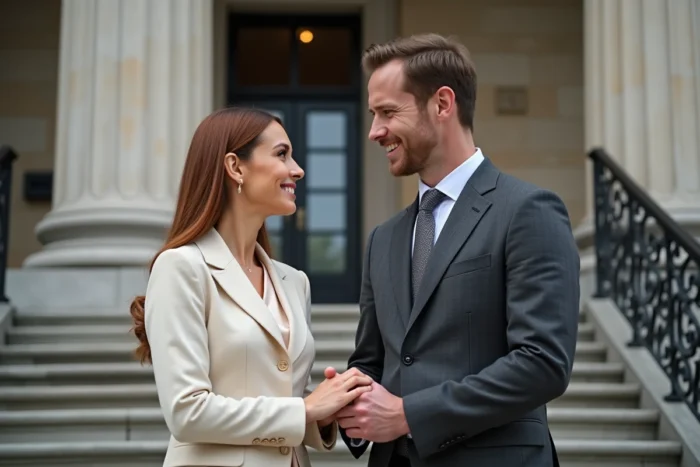 Alicia Dauby et Olivier Bossard en tenue formelle lors d'une apparition publique devant un bâtiment classique, couple médiatique français