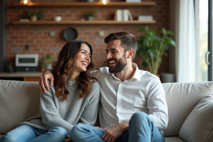 Couple détendu et complice dans leur appartement moderne, scène de vie quotidienne illustrant la relation intime d'Alicia Dauby et Olivier Bossard