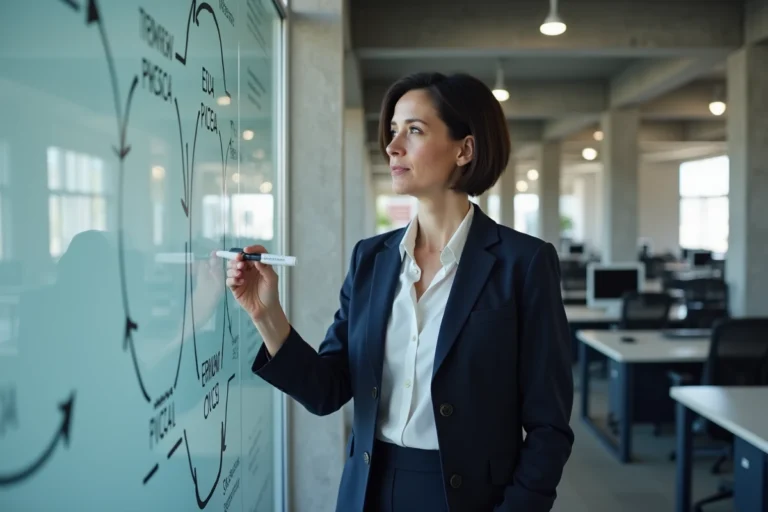 Responsable d'entreprise expliquant un cycle d'amélioration continue sur un tableau blanc dans un bureau moderne