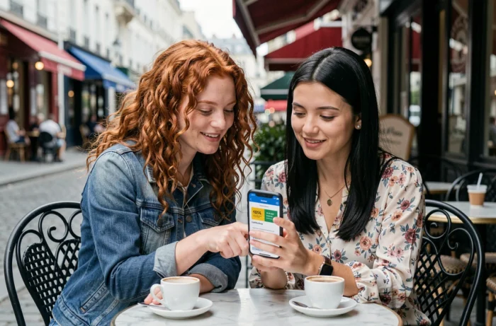 Deux amies consultant une application de bons de réduction sur un smartphone en terrasse de café à Paris