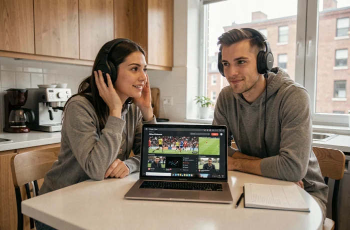 Deux amis regardant ensemble le foot en streaming sur un ordinateur portable dans une cuisine moderne