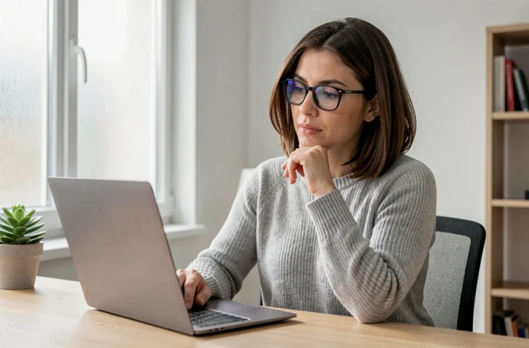 Femme analysant l'interface utilisateur d'un site web sur un ordinateur portable dans un bureau moderne à domicile