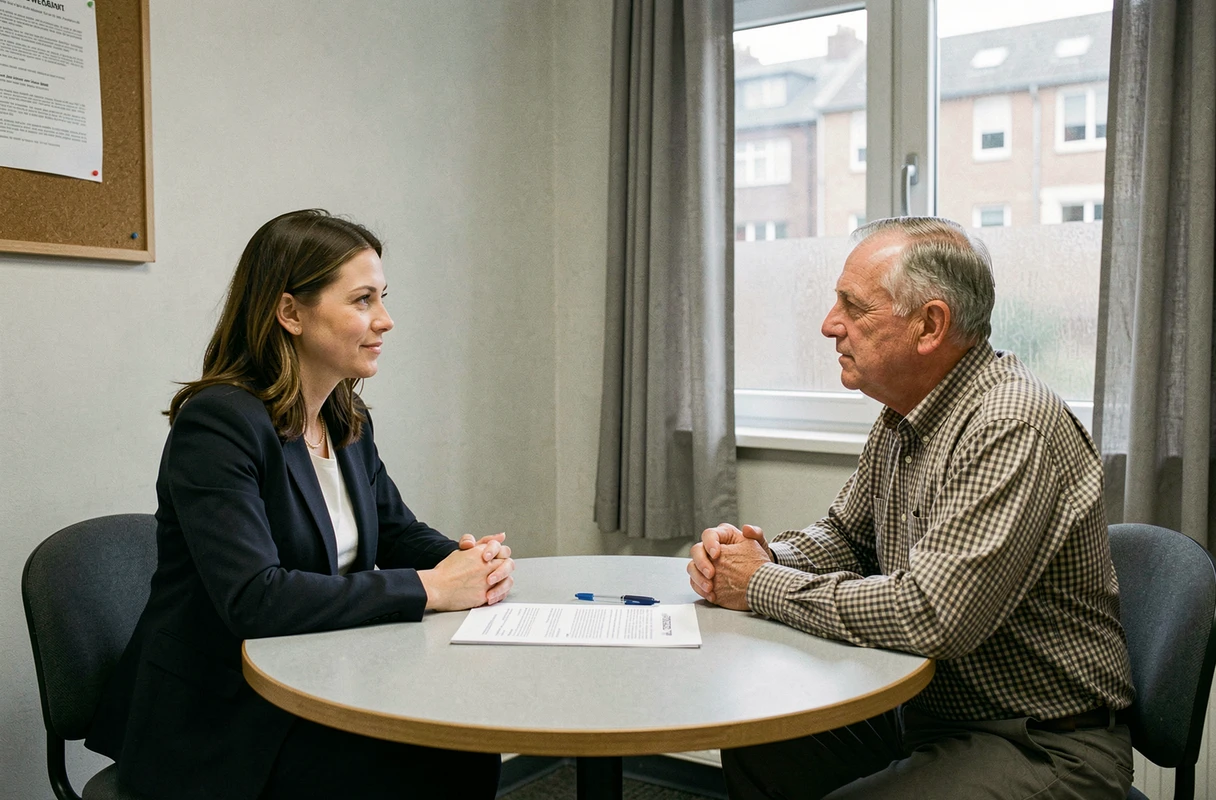 Assemblée générale informelle entre deux copropriétaires discutant de la gestion de leur immeuble en copropriété