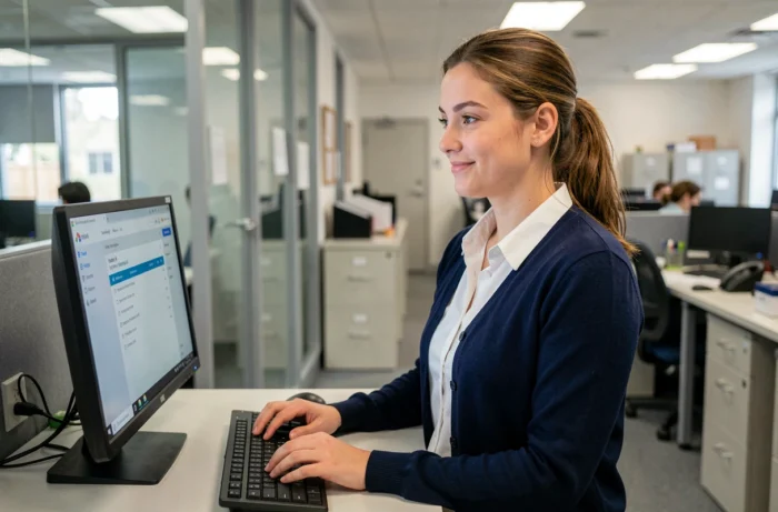 Assistante administrative configurant le webmail Convergence dans un bureau administratif d'établissement scolaire