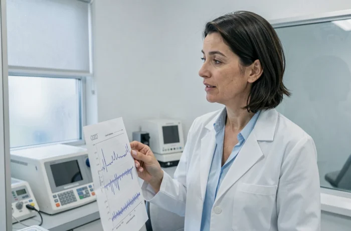 Audiologiste présentant les résultats d'un audiogramme dans une clinique auditive professionnelle, évoquant les risques potentiels pour la santé auditive liés à l'Audistim