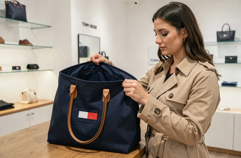 Femme inspectant les détails d'un sac Tommy Hilfiger authentique dans une boutique pour détecter les contrefaçons