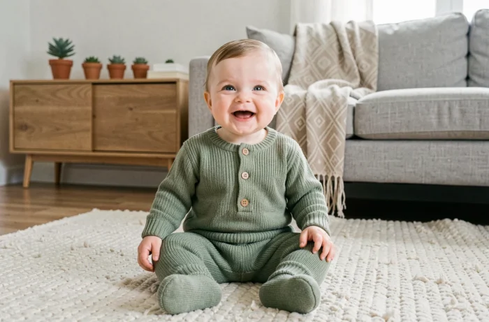 Bébé souriant habillé d'une barboteuse en tricot vert sauge avec des chaussons assortis, assis sur un tapis en laine dans un salon scandinave épuré