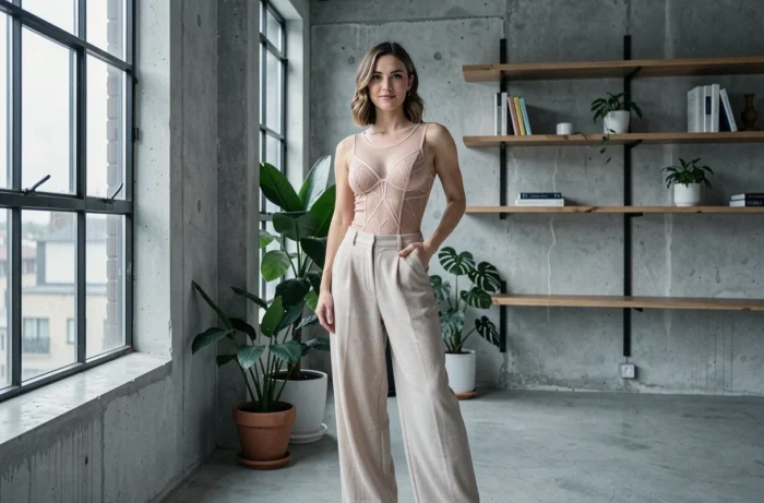 Femme portant un body lingerie rose en résille avec un pantalon large, style lingerie chic et élégant au quotidien dans un appartement moderne
