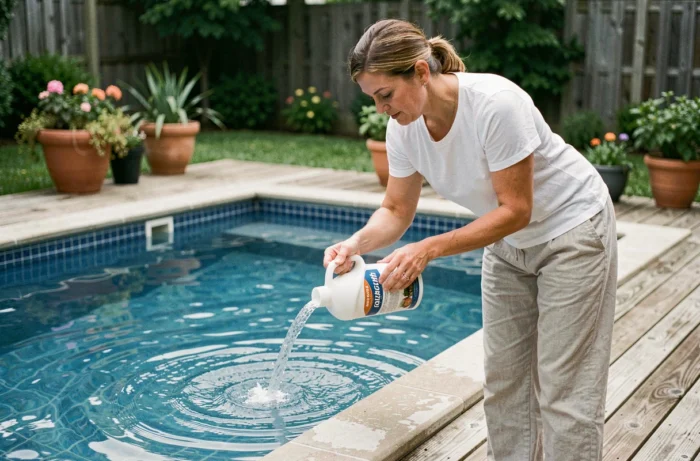Femme versant correctement le chlore choc directement dans l'eau de la piscine plutôt que dans le skimmer, illustrant la bonne pratique de traitement