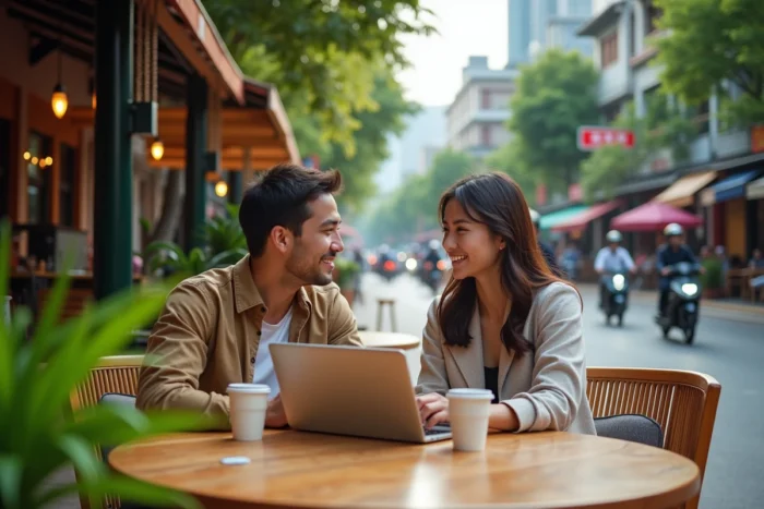 Couple de jeunes adultes dans un café de rue d'une ville asiatique durable en 2050, avec infrastructures vertes et mobilité électrique