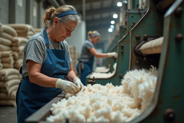 Ouvrière textile alimentant une machine de cardage avec des fibres de coton brutes dans une filature industrielle