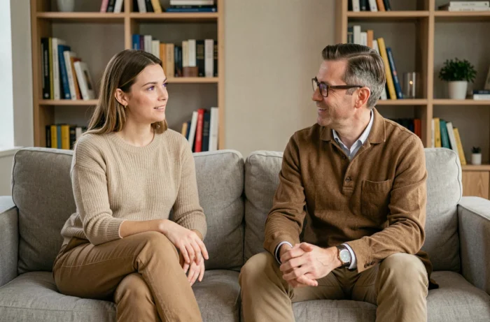 Deux personnes aux yeux aux teintes violettes discutant dans un cadre moderne, évoquant le débat scientifique sur la réalité des yeux violets chez les célébrités
