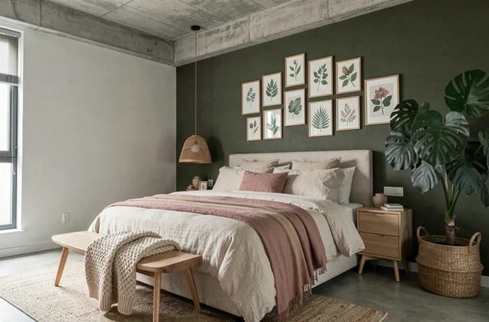 Chambre à coucher contemporaine avec mur vert olive, linge de lit en lin neutre, suspension en rotin et plante monstera dans un panier tressé