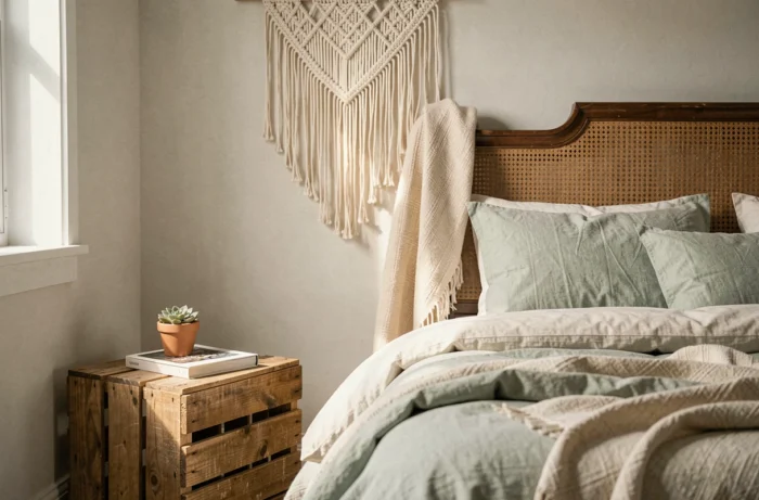 Chambre écologique et stylée avec literie en coton biologique, tête de lit en rotin vintage et décoration naturelle durable