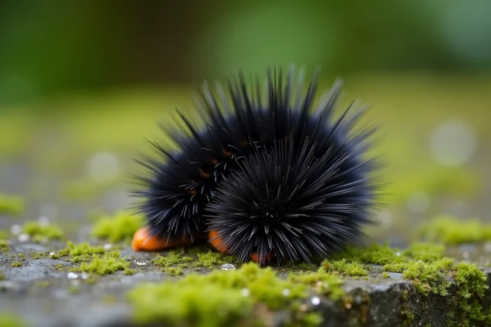 Chenille noire laineuse enroulée en boule sur un mur de pierre moussu, posture défensive typique avec ses soies noires bien développées