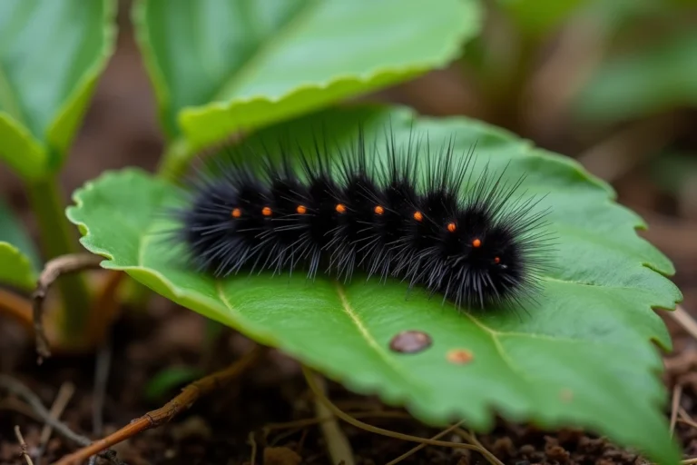 Chenille noire poilue vue de près sur une feuille verte en forêt, avec ses soies noires denses et ses anneaux segmentés bien visibles