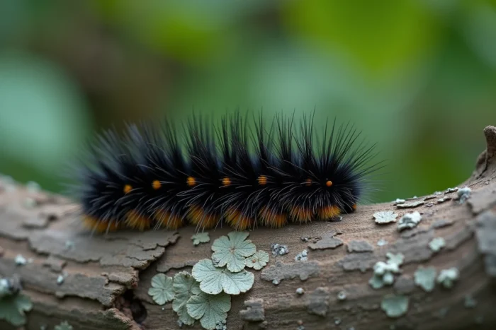 Chenille noire velue en train de ramper sur une écorce d'arbre rugueuse dans un jardin, détail des soies et de la texture de l'écorce