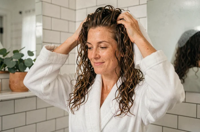 Femme aux cheveux bouclés après une permanente sans ammoniaque se coiffant dans sa salle de bain