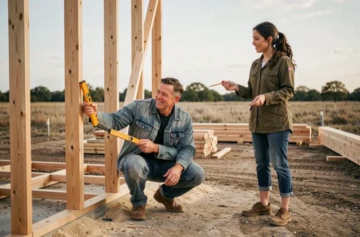 Chip et Joanna Gaines sur un chantier de rénovation au Texas, inspectant l'ossature d'une nouvelle construction en 2026