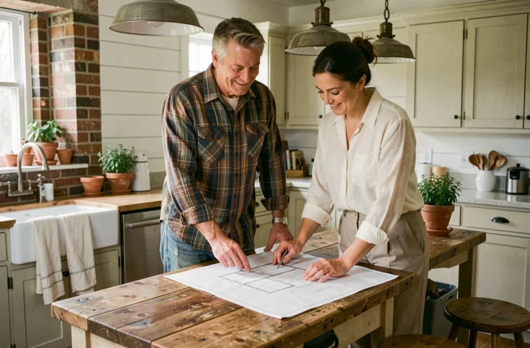 Chip et Joanna Gaines dans leur cuisine rustique en 2026, consultant des plans architecturaux sur un îlot en bois récupéré