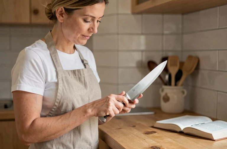 Femme examinant un couteau de chef en acier inoxydable dans une cuisine en bois chaleureuse