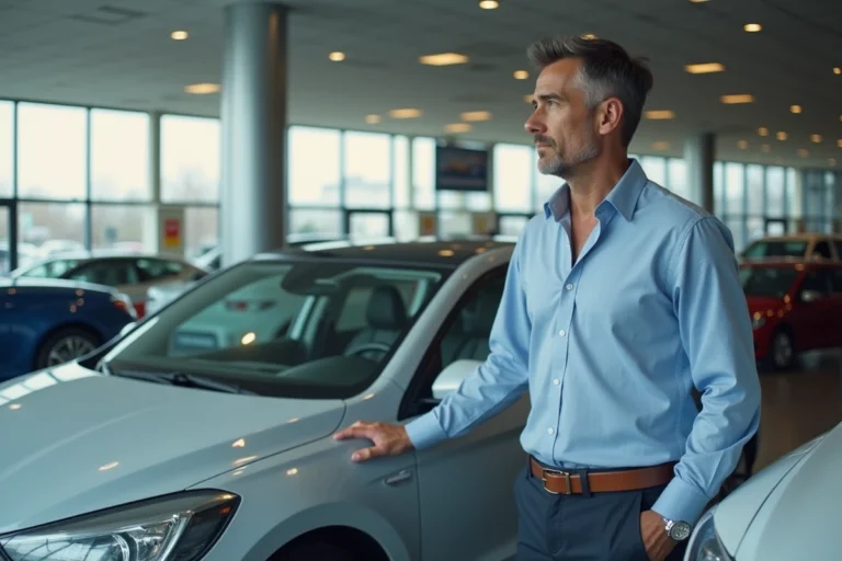 Homme en train d'examiner une voiture dans une concession automobile moderne pour faire le meilleur choix d'achat