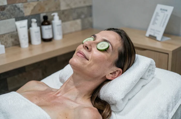 Cliente détendue allongée sur une table de soin dans un spa haut de gamme, visage serein avec concombres sur les yeux