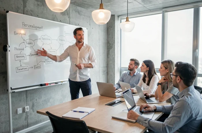 Coach animant un atelier de développement professionnel en salle de formation, montrant les opportunités de carrière après une formation de coach