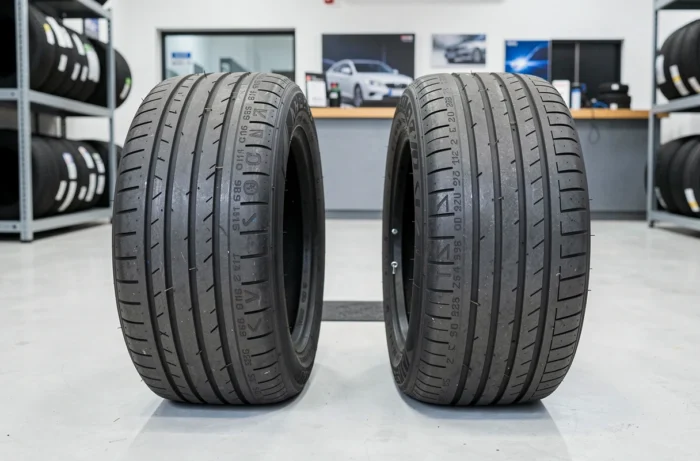 Comparaison de deux pneus avec indices de vitesse différents 91V et 94V posés côte à côte dans un magasin de pneumatiques
