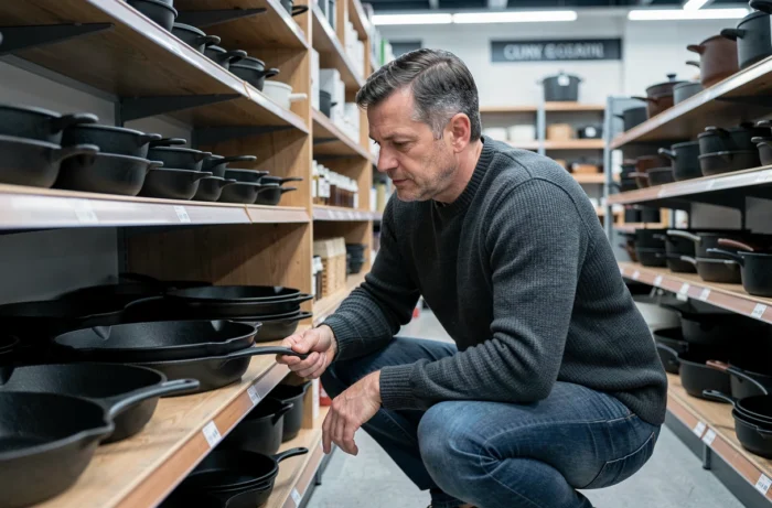 Homme comparant deux poêles en fonte dans le rayon d'un magasin d'équipement de cuisine