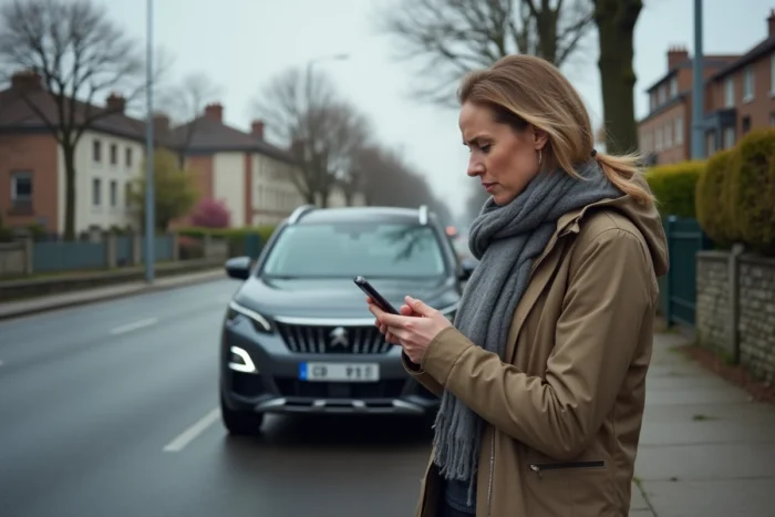 Conductrice arrêtée sur le bord de la route consultant son téléphone après l'allumage d'un voyant sur son Peugeot 5008