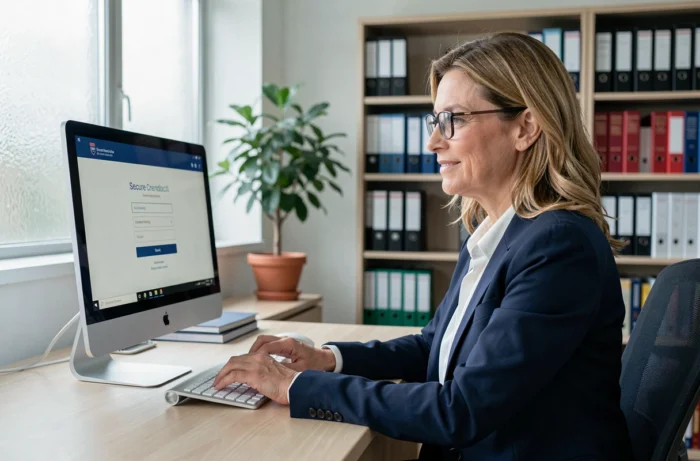 Personnelle de l'académie de Toulouse connectée à l'espace Convergence AC sur son ordinateur de bureau dans un bureau administratif