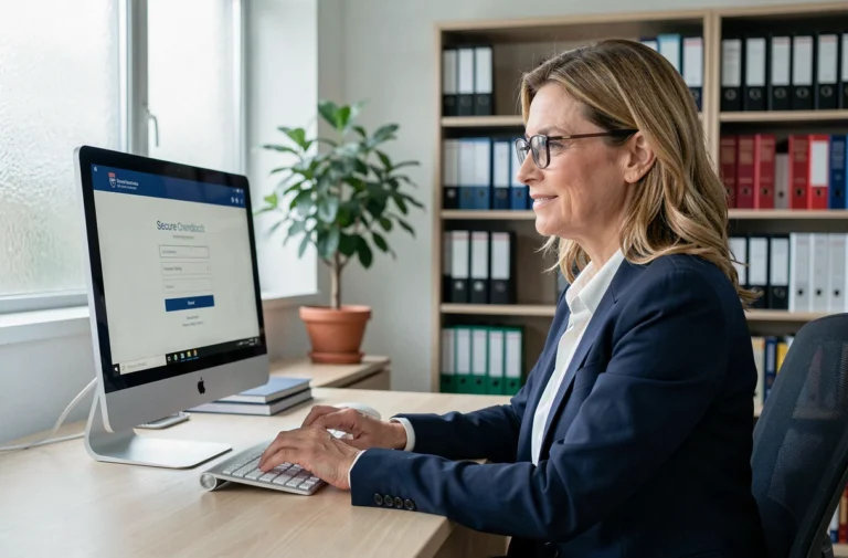 Personnelle de l'académie de Toulouse connectée à l'espace Convergence AC sur son ordinateur de bureau dans un bureau administratif