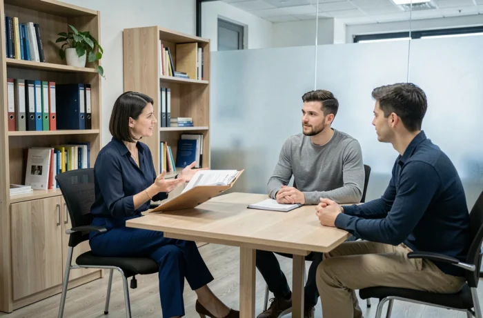 Conseillère familiale accompagnant un couple lors d'une séance de consultation dans un bureau professionnel