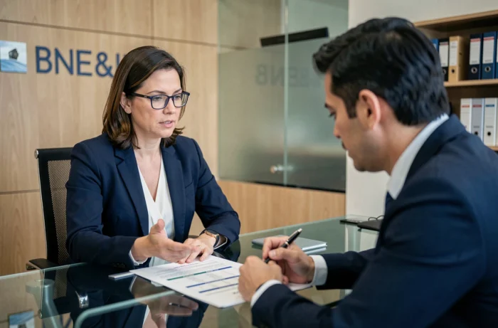 Conseillère bancaire présentant les options de crédit immobilier et de prêt personnel à un client en agence