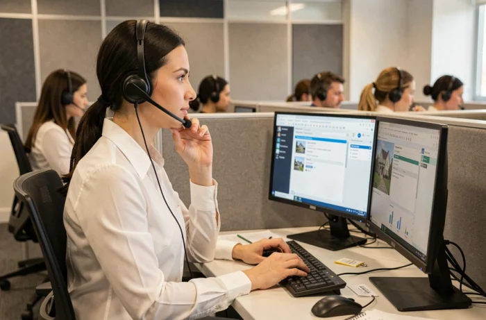 Conseillère du service client immobilier Foncia répondant à un appel d'urgence depuis son poste de travail