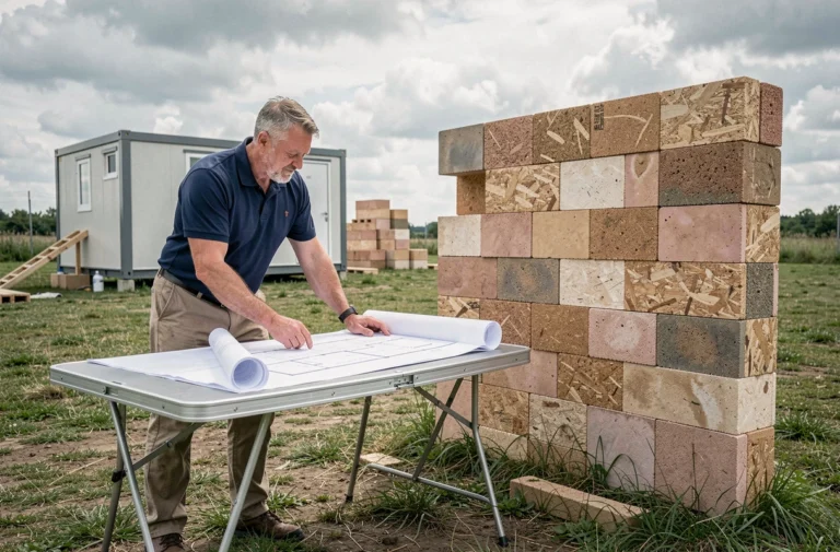 Professionnel de la construction examinant des plans devant une structure Gablok en cours d'assemblage sur un terrain vierge