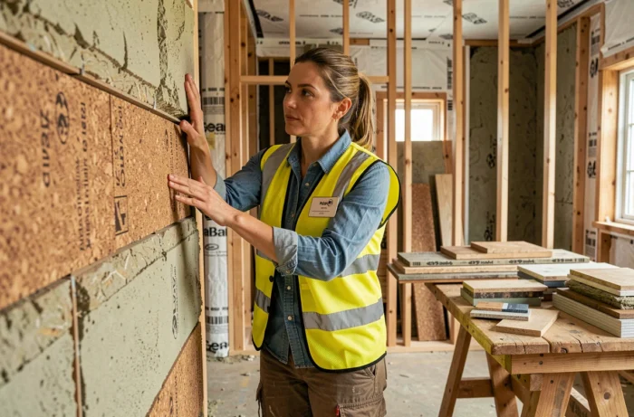 Une constructrice spécialisée inspecte les matériaux biosourcés d'une paroi de maison durable, incluant liège, chanvre et isolation cellulose