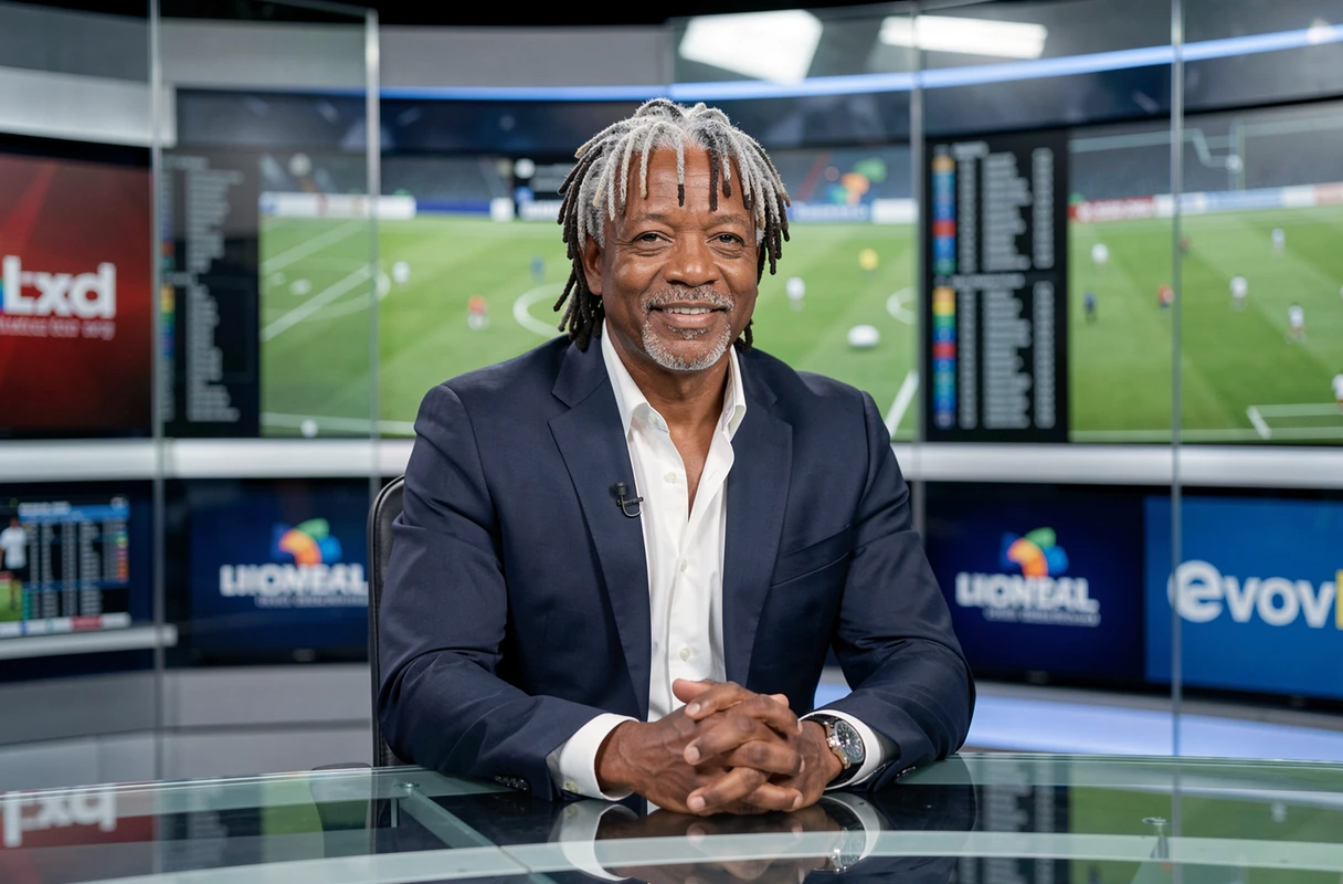 Ancien footballeur européen devenu consultant TV dans un studio de football moderne, portrait professionnel en costume