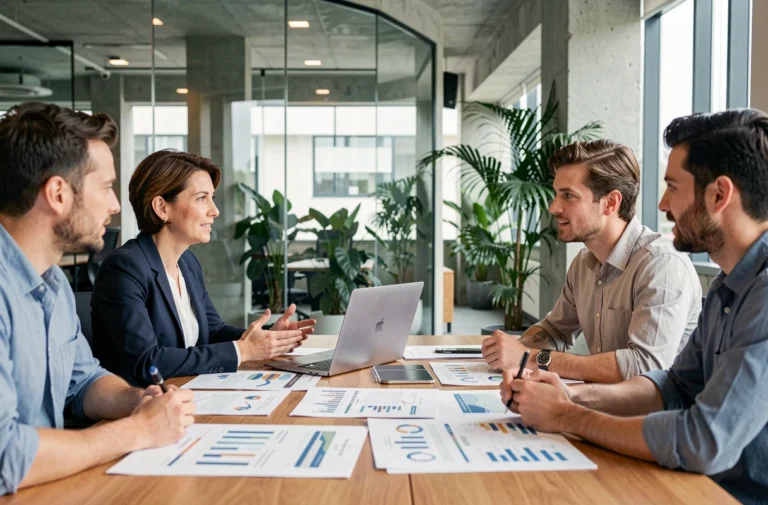 Consultante en affaires discutant d'une stratégie de croissance sur-mesure avec des entrepreneurs autour d'une table de conférence moderne