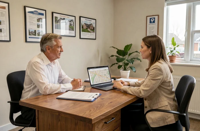 Couple en consultation avec un agent d'agence immobilière locale autour d'un bureau en bois avec des documents de projet