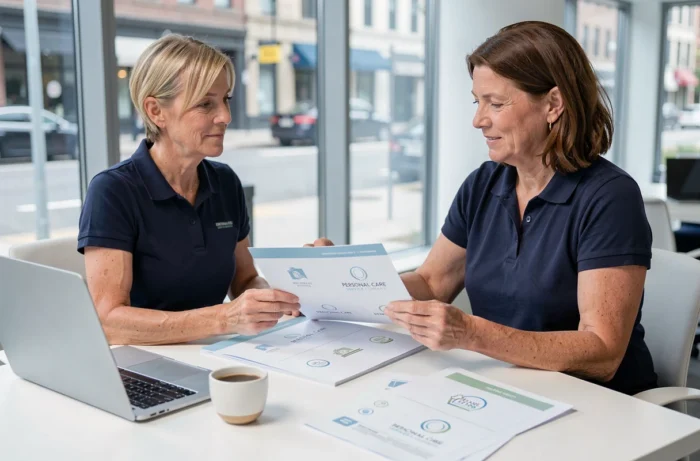 Femme entrepreneuse et consultant examinant des variantes de logo pour une activité de service à la personne dans un espace de coworking lumineux