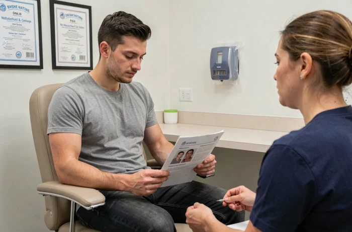 Consultation avant piercing entre un client et un professionnel certifié dans un studio spécialisé propre